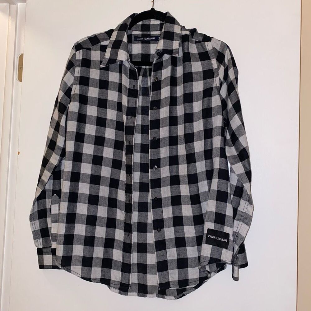 Calvin Klein Jeans Womens Black White Plaid Button Down Small EUC